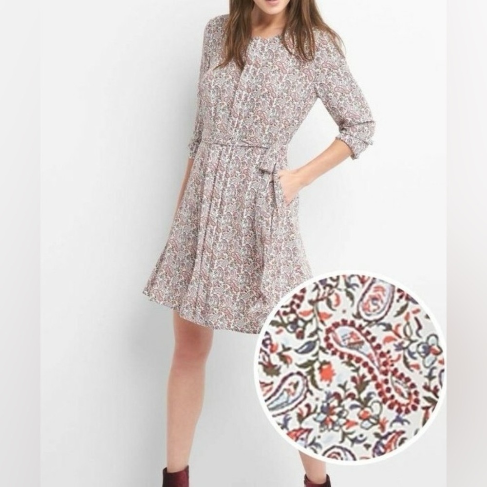GAP Multicolor Paisley Long Sleeve Button-Down Dress with Waist Tie